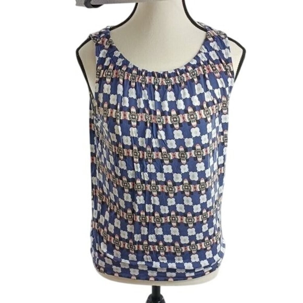 Loft Womens Size S Sleeveless Blouse Blue White Geometric Print Tank Top - Picture 3 of 8
